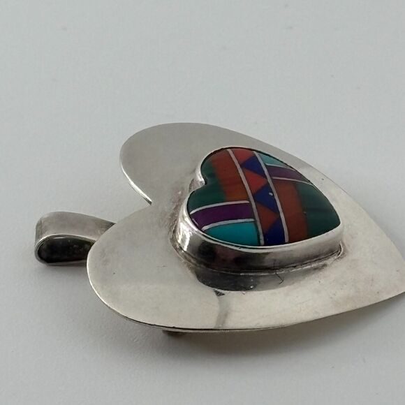 Native American Multi-Stone Inlay Sterling Silver Heart Pendant/Pin Vidal Chavez - Picture 3 of 9